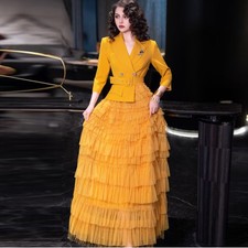 Abito donna formale giallo seta diamante borchie bottoni rete soffice festa nuovo