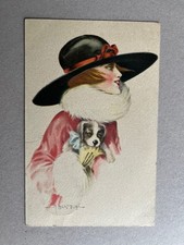 m) Cartolina donnina Liberty Art Nouveau Bertiglia cane 1919 D