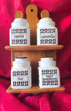 Portaspezie in legno con 4 barattoli, vintage.