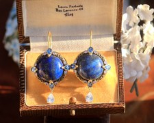 Grosse Boucles d'oreilles Dormeuse Doré Serti CZ Bleu Rond Lapis Lazuli Bleu SB4
