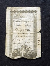 1792 Italia Regno di Sardegna rara banconota ASSEGNATA 50 lire