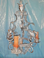 Raro antico lampadario a foglie ferro battuto argento originale Liberty 4 luci