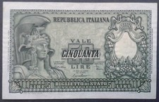 REPUBBLICA -BANCONOTA DA 50 LIRE - ITALIA ELMATA - 31-12-1951 ORIGINALE  Q.FDS 