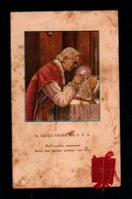 b1244 Santino antico cromo Papa San Pio X con Reliquia ex indumentis