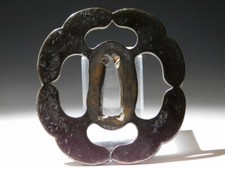 Scuola Ko-Kinko? Rara forma Shakudo Sukashi Tsuba Edo spada originale antica