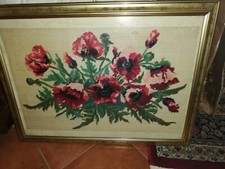 RICAMO  MEZZO PUNTO VINTAGE CON PAPAVERI  CORNICE DORATA - QUADRO MOTIVO FIORI