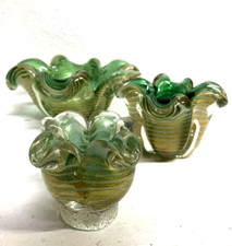 SET 3 VASO VETRO MURANO SOFFIATO BLOWN GLASS VERDE ORO BAROVIER & TOSO '40