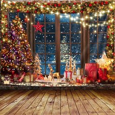 Grande arazzo rustico in legno finestra albero di Natale scena neve parete da appendere regali