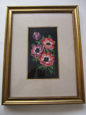Quadro a mezzo punto con fiori, anemoni, ricamato a mano e incorniciato anni '60
