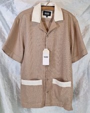 Camicia nuova con etichette Malibu Drill Clothing Co taglia S look lino tessuto testurizzato colorblock SS