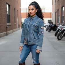 Harley Davidson Giacca Jeans Donna Piccola Denim Ricamata Motociclista