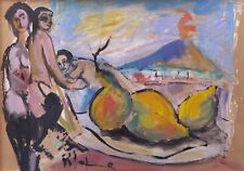 Quadro acrilico moderno originale Napoli paesaggio Vesuvio natura morta donne nude