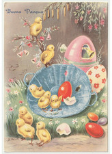 Non Viaggiata Galbiati cartolina vintage Buona Pasqua cesto pulcini uova fiori