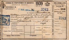 Ricevuta per oggetti dati in pegno alla Cassa di Risparmio di Genova 1939