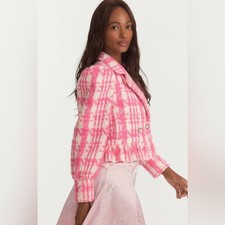 Giacca LoveShackFancy Braelynn Crop in tweed di lana rosa maestoso, taglia media nuova con etichette