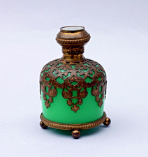 French C19th Palais Royale gilt metal mounted green glass scent bottle