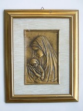 Madonna con Bambino in ottone sbalzato e cornice in legno Quadro Sacro Capoletto