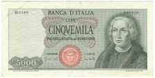 ⭕ 5000 LIRE CRISTOFORO COLOMBO DEL PRIMO I TIPO BANCA D'ITALIA 20/01/1970 R
