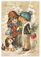 1982 bambini cane pacchi regalo agrifoglio cartolina Buon Natale Bonne Année