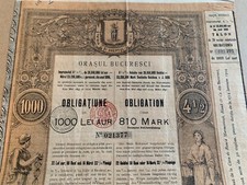 1000 Lei AUR 1898 ORO Bucarest Romania Obbligazione Certificato Stock Non Annullato