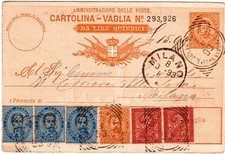 Italia 1893, 6 francobolli fr. aggiuntivi su 20 C. Cartolina Vaglia di Mogliano Veneto