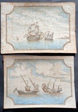 Coppia acquerelli antichi anonimo battaglia navale marina veliero nautica 1700