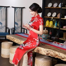 Donna Cinese Cheongsam Finta Seta Macchie Abito Orientale Sfera Lungo Qipao Red