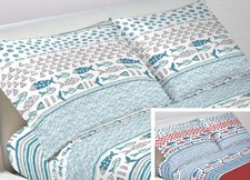 Coppia Federe Cuscino Letto Bottoni Laterali 100% Cotone Disegno Marino Pesci