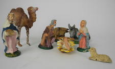 8 statuine Epoca Presepe Natività Sacra Famiglia Bue asino cammello Gesso-45F