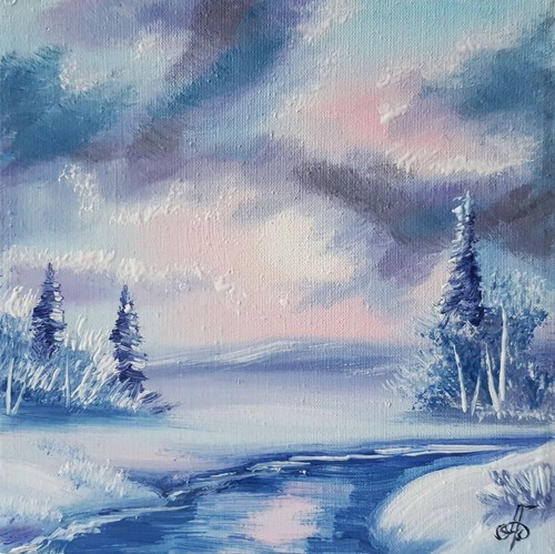 Quadro olio inverno fiume - , alba
