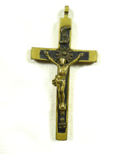 ANTICO CROCEFISSO DA PETTO PRETE COLLANA OTTONE E LEGNO CROCE PENDENTE TESCHIO