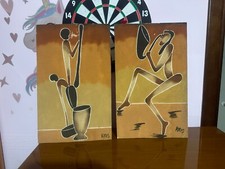2 Quadri ETNICI su pannello legno disegni sabbiati ruvidi dim. 30x48cm gancio