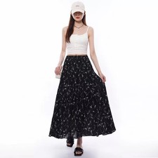 Gonna Lunga Nera A Pieghe Con Stampa Floreale Vita Alta Elegante Estiva CF41806
