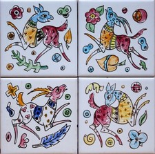 CERAMICA VIETRI MATTONELLE CM 10X10 DECORATE A MANO SERIE DA 4 PEZZI