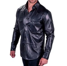 Camicia formale nera in vera pelle di agnello da uomo maniche lunghe camicia ...