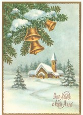 Non Viaggiata cartolina vintage auguri di Buon Natale chiesa di montagna campane