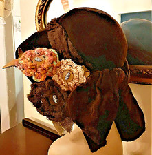 Cappello larga tesa marrone fiocco hat chapeau vintage usato fiori medium