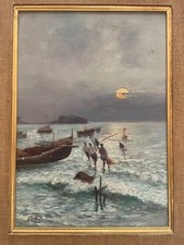 SCUOLA DI POSILLIPO CASTEL DELL'OVO E LA LUNA - OLIO SU TAVOLA inizio XX sec