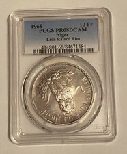 1968 Niger 10 Franchi PCGS PR68 DCAM Argento Proof Leone Conio 1000