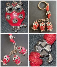 Portachiavi GUFO?QUADRIFOGLIO?PENDENTE PORTAFORTUNA❗smalto ROSSO pietre metall