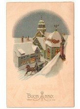 1916 antica cartolina Buon Anno neve strada paese cavallo slitta abete natalizio