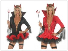 Donna Halloween Rosso Nero Diavolo Vampiro Costume + Corno + Forcella