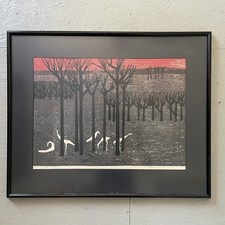 1965 Tamami Shima xilografia giapponese che vola sopra nuovo albero di airone verde MCM moderno