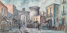 Scena di strada di Napoli con figure grande dipinto ad olio originale firmato