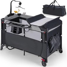 Lettino da Viaggio 5 in 1 per Bambini, Culla Pieghevole con Materasso, Cambio Pannolini, Musica