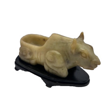 ARTE ORIENTALE FIGURA ANIMALE MITOLOGICO CINESE GIADA NEFRITE BASE IN LEGNO