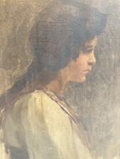 Pittura Olio Tela Ritratto Profilo XIX Romatica Donna Antico per Identificare