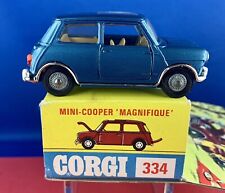 BOXed CORGI Toys #334 MINI COOPER MAGNIFIQUE Met Blue Thin Roof Stripes 1968-70