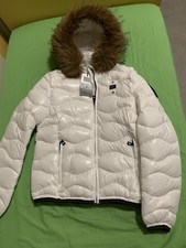 Giubbotto Blauer bianco con cappuccio in pelliccia sintetica e logo sulla spalla