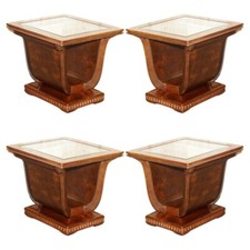 QUATTRO GRANDI TAVOLINI IN OLMO CON PIANO IN VETRO A FORMA DI TULIPANO CON BASE NASCOSTA PORTAOGGETTI